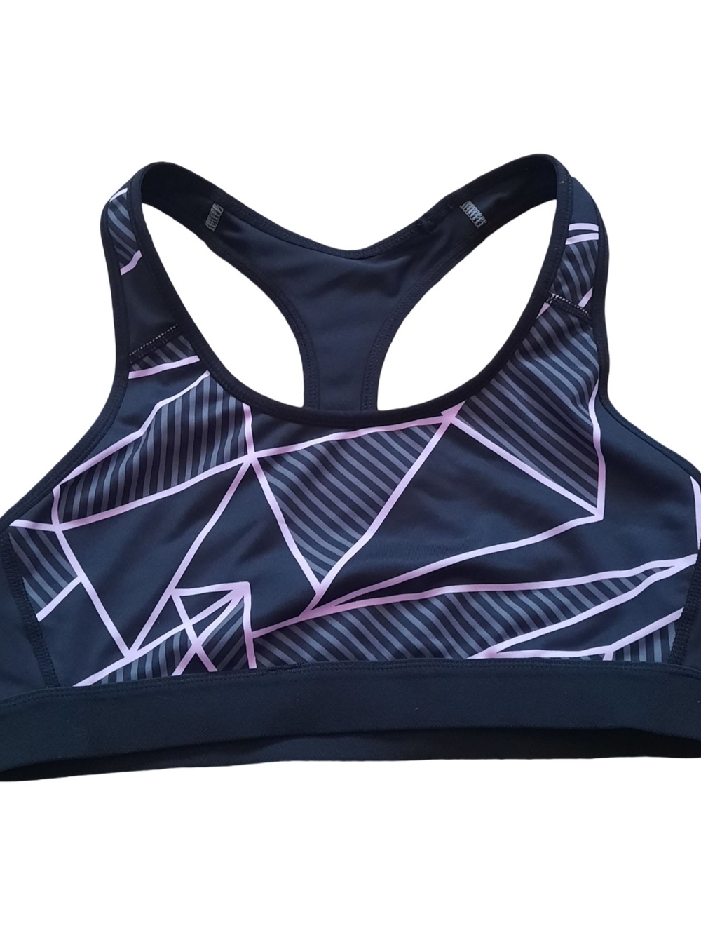 Champion Racerback Sports Bra — Black & Light Pink Geometric